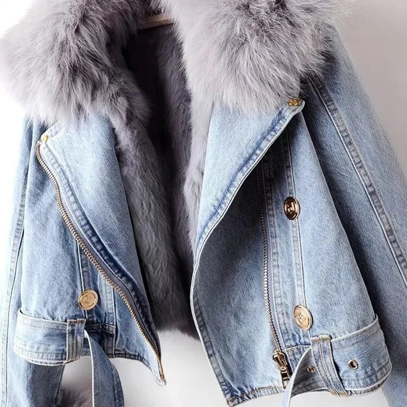 Dam Jeansjacka med Pälsdetaljer i Bomull 3