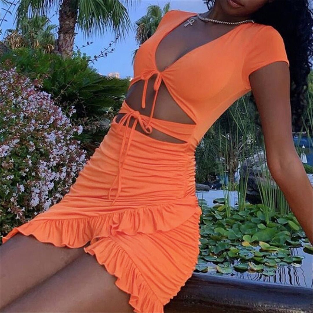 Kvinnors Glittrig Miniklänning med Spetsdetaljer och Justerbar Snörning-3