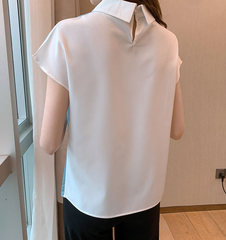 Dam Blus Chiffong med Människans Ansikte Elegant Krage Normal Passform-5