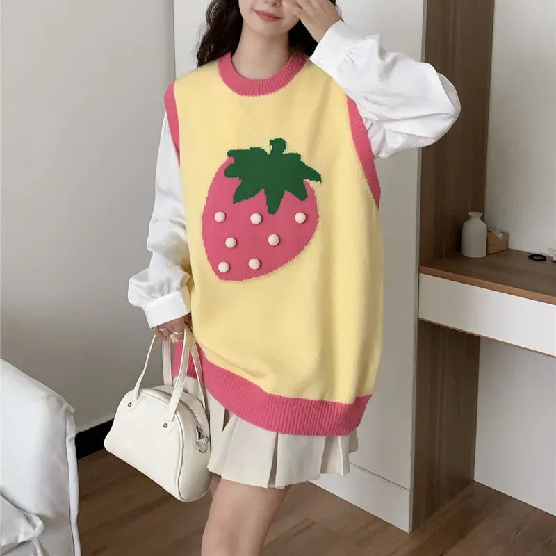 Kvinnors Stickad Väst Med Jordgubbsbroderi Avslappnad Akryl-5
