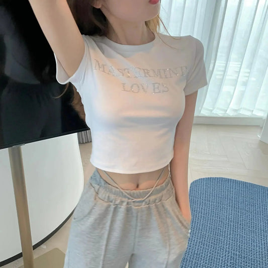 Dam Kort Topp Med Texttryck Bomull-1