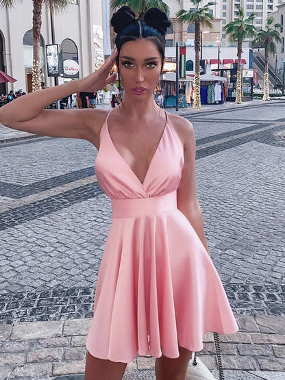 Kvinnors Glittrig Miniklänning A-linje Satin med V-hals och Spaghetti Band-4