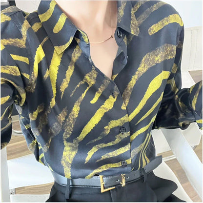 Dam Skjorta Randig Siden Polyester Långärmad-1