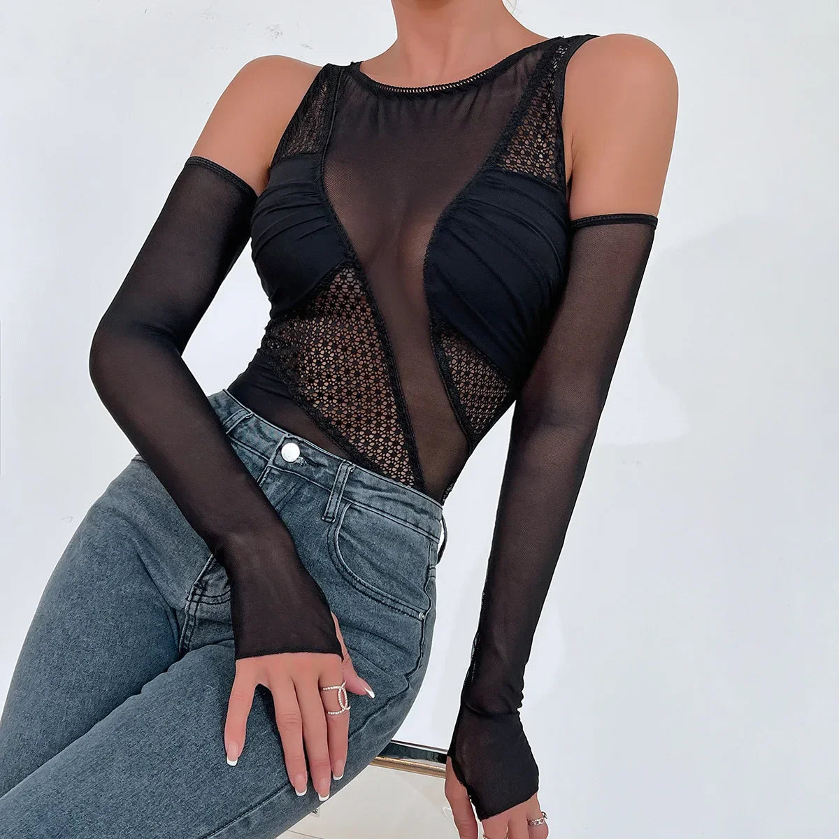 Ärmlös Bodysuit Dam Transparent Polyester Spandex-6