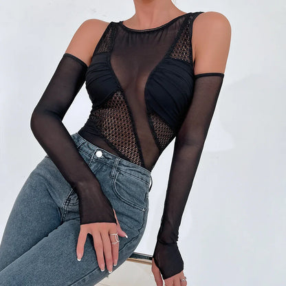 Ärmlös Bodysuit Dam Transparent Polyester Spandex-6