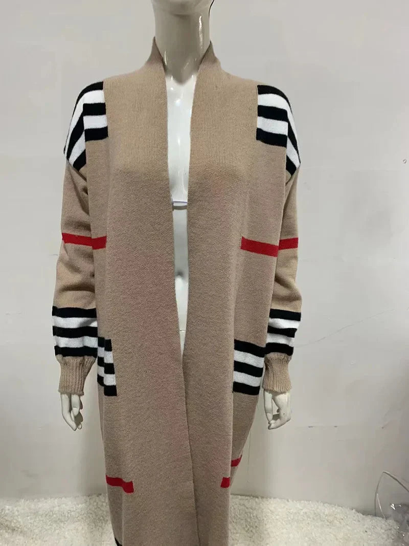 Lång Kofta Dam Stickad Randig Design i 100% Akryl – Trendig Lång Cardigan för Höst och Vinter 10