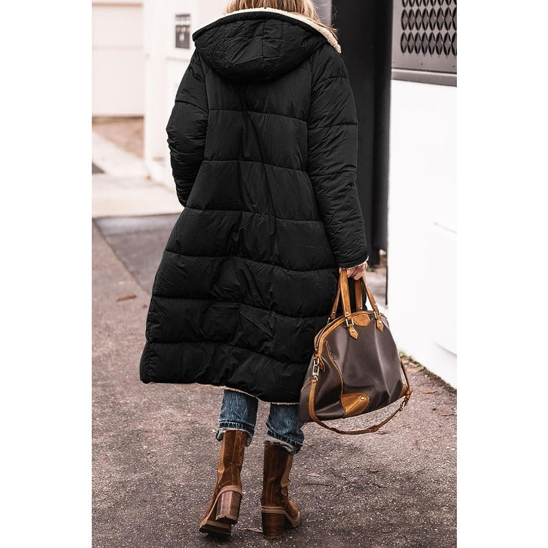 Damjacka Lång Vändbar Sherpa Fleece Vindavvisande Med Huva-3