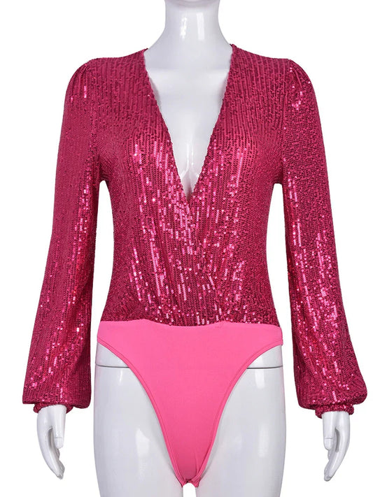 Dam Bodysuit Monokrom Paljett Polyester-1