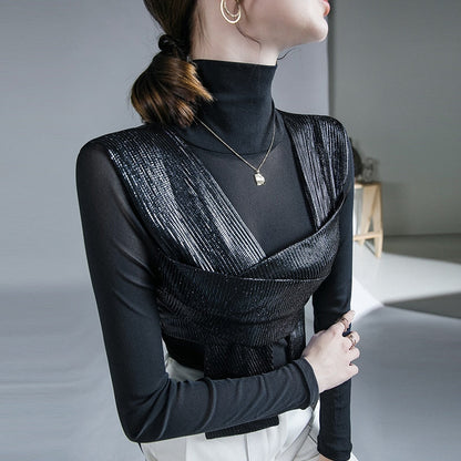 Dam Blus Halvgeometrisk Polyester Asymmetrisk Krage-1