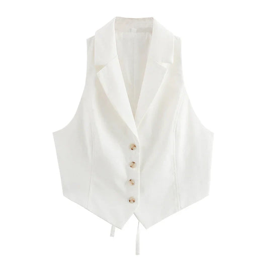 Dam Väst Kort Monokrom Polyester med Vänd Krage-1