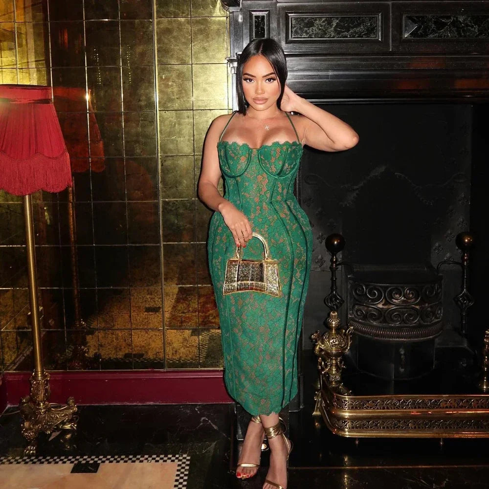 Kvinnors MIDI Klänning med Spetsdetaljer Polyester-3