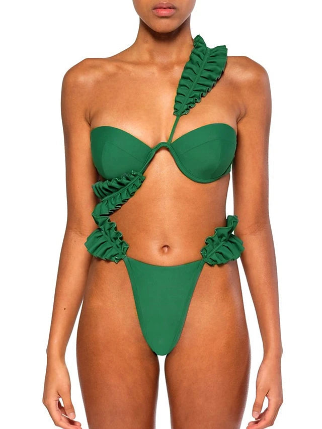 Baddräkt Dam Retro Bikini Rufsade Detaljer Nylon Spandex 3