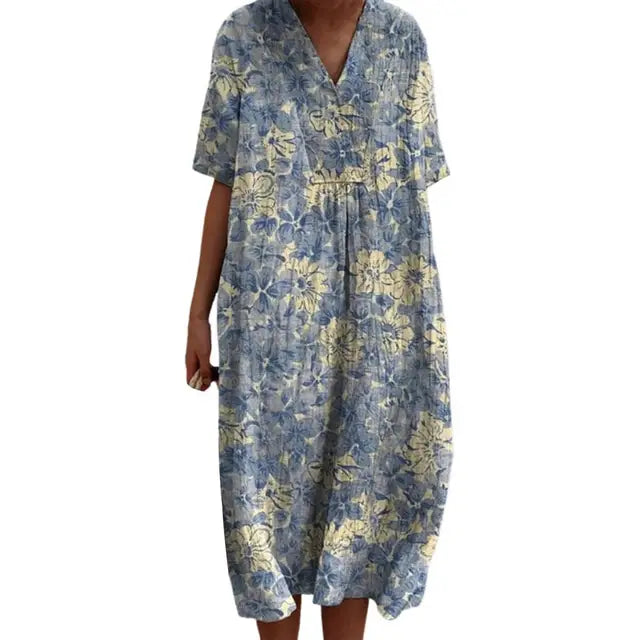 Kvinnors Avslappnad Klänning i Linne Högkvalitativt Material-1