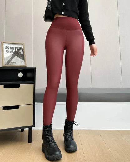 Dam Leggings Hög Midja Syntetiskt Läder Fotledslängd-6