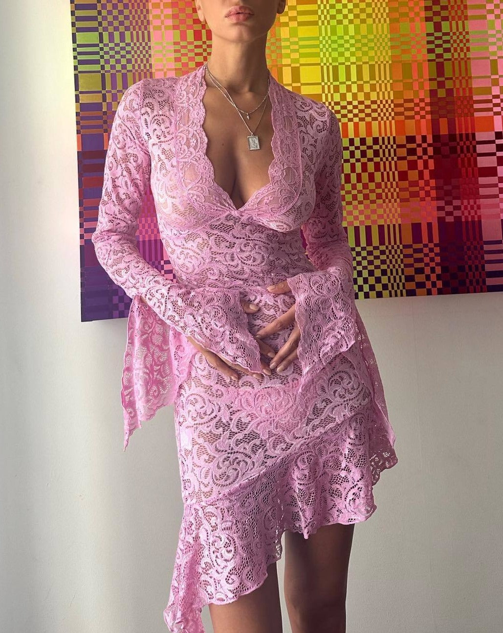 Dam Miniklänning Transparent Spandex med Långa Ärmar-6