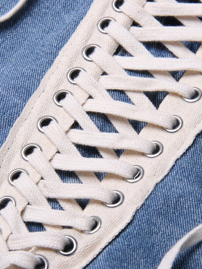 Dam Shorts Hållbar Denim med Sprickor och Snören-4