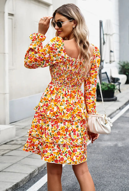 Kvinna Lång Klänning Rynkade Polyester Blommigt Mönster-2