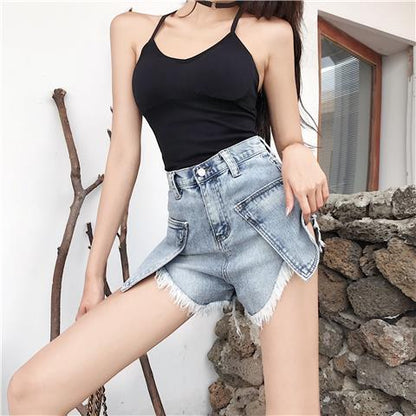 Hög Midja Denim Damshorts med Löst Snitt och Unik Lapptäckedesign – Bekväm och Trendig för Sommaren 11