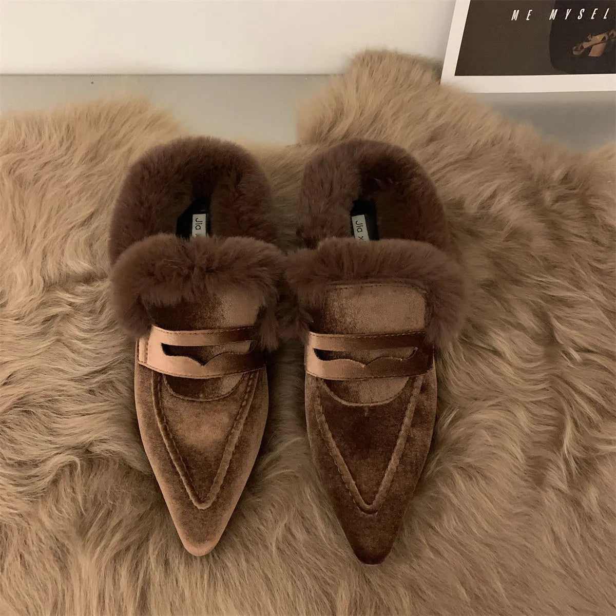 Dam Mules Flockmaterial Låg Häl Fyrkantig Gummisula-4