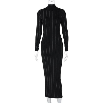 Dam Midiklänning Ribbad Turtleneck Polyester Spandex-5