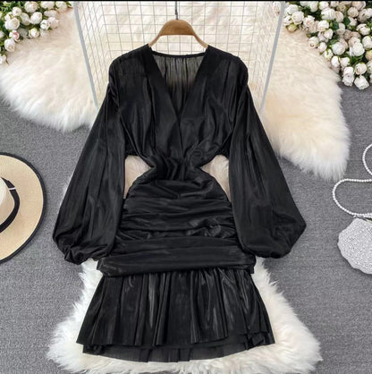 Kvinnors Mini Klänning A-Line Polyester Ballongärmar V-ringning-1