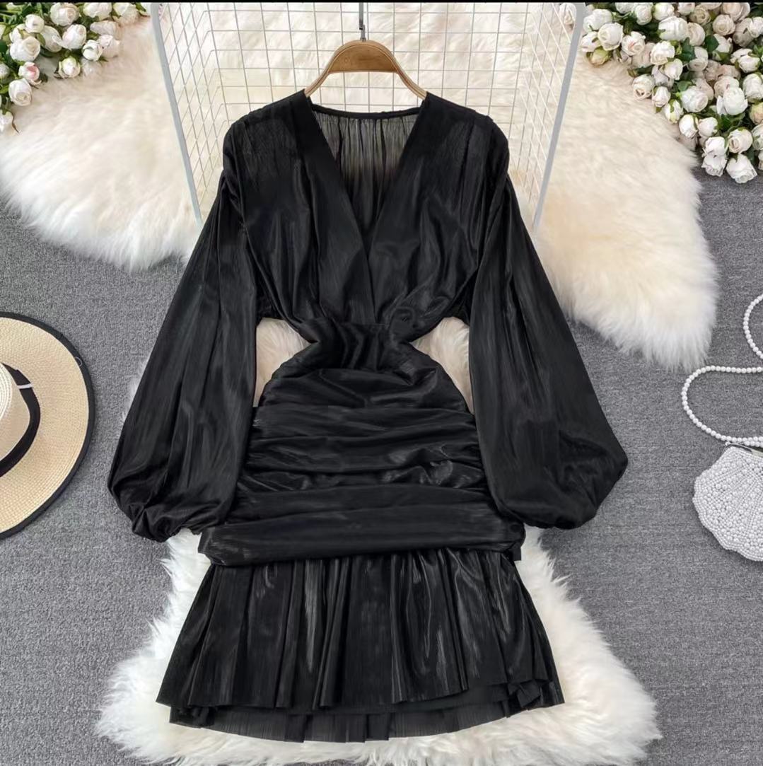 Variant image for Kvinnors Mini Klänning A-Line Polyester Ballongärmar V-ringning-1