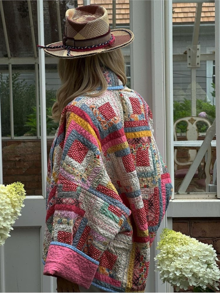 Damjacka Patchwork Design i Bomull och Polyester - Unik Jacka för Dam-2
