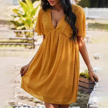 Damklänning V-ringning Spetsdetaljer 100% Polyester Fina Dam Klänningar-5