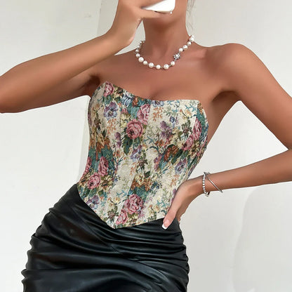 Dam Bustier Topp Blommig Vintage Polyester Spandex 3