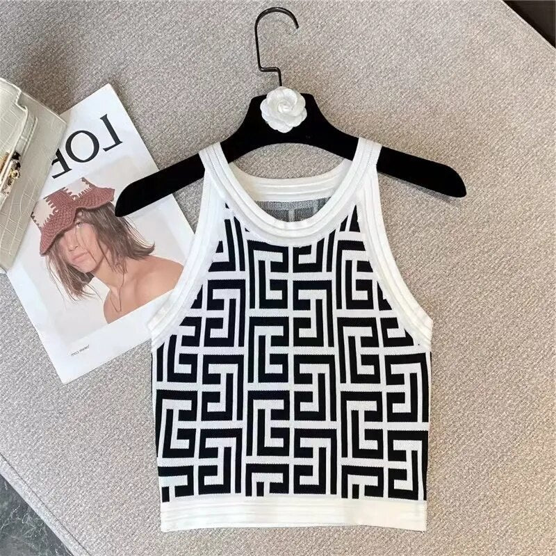 Dam Crop Top Ärmlös Geometrisk Polyester-4