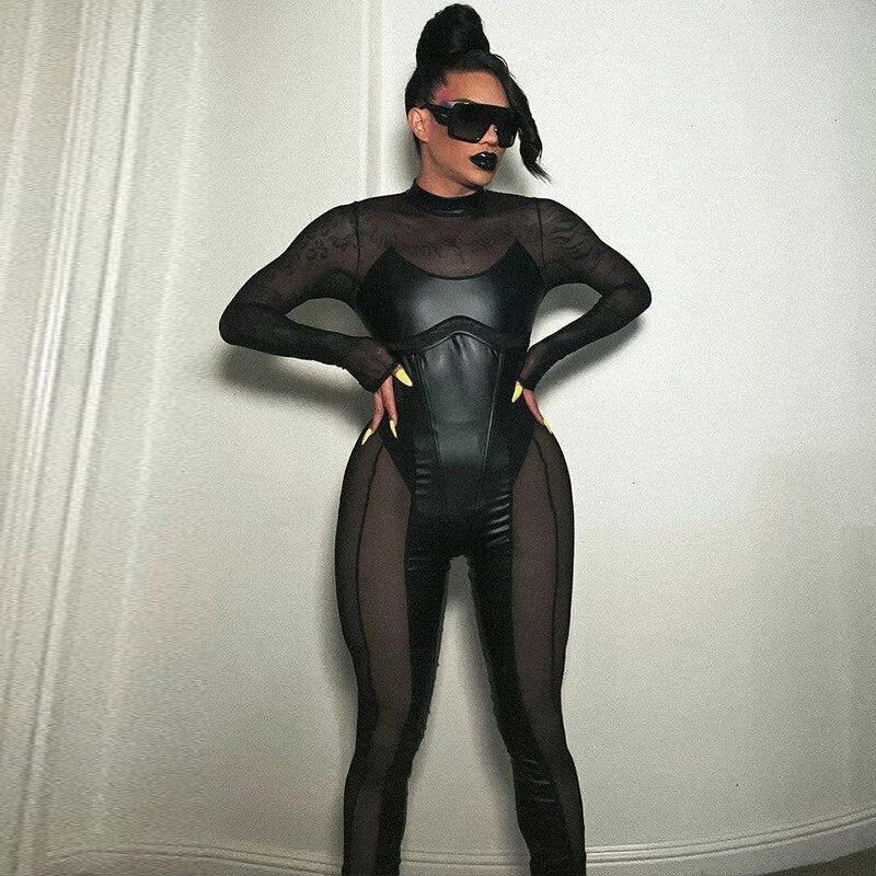 Dam Jumpsuit Långärmad Transparent Mesh Polyester-4