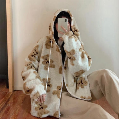 Unisex Hoodie Plysch Nallebjörn Design Mjuk Polyester 3
