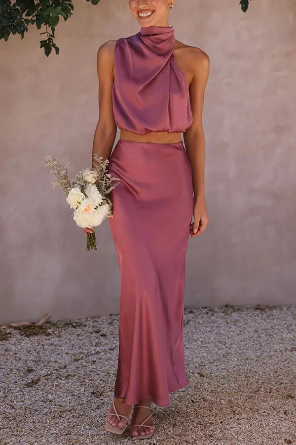 Variant image for Maxiklänning Dam Halterneck Satin Elegant Lång Klänning-5