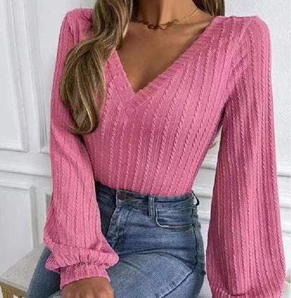 Variant image for Dam Blus V-ringning Stickad Långa Ärmar Mjuk Höstmode-4