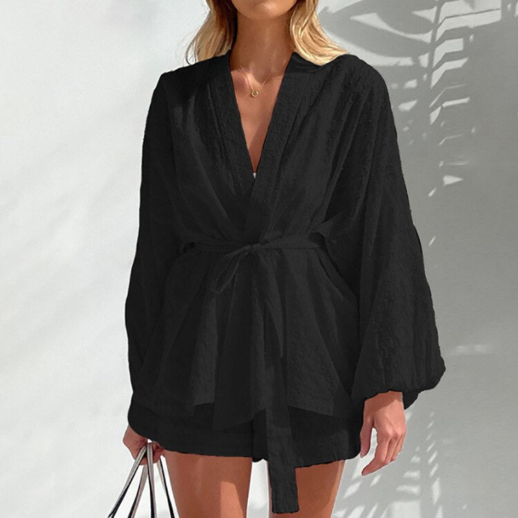 Dam Kimono Morgonrock med Bälte i Texturerad Polyester 4