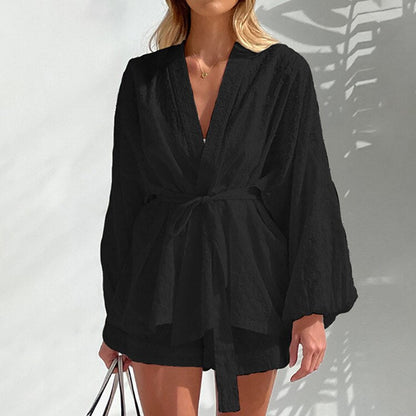 Dam Kimono Morgonrock med Bälte i Texturerad Polyester 4