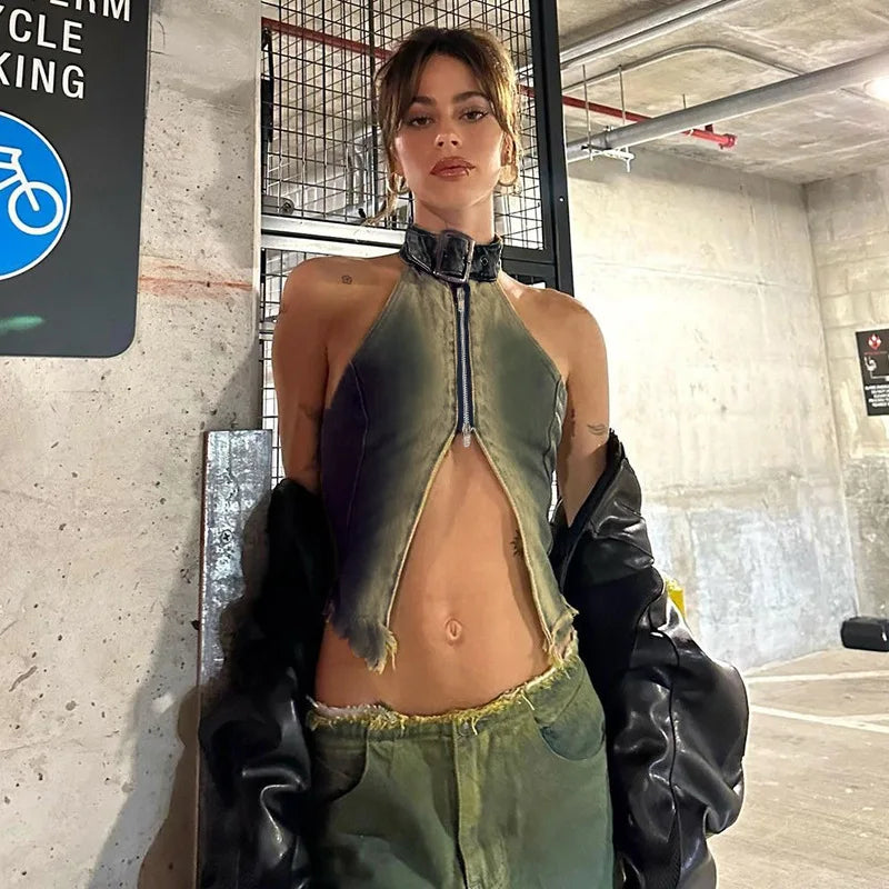 Dam Crop Vest Batikdesign Elastisk Denim-6