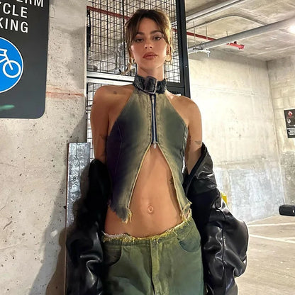 Dam Crop Vest Batikdesign Elastisk Denim-6