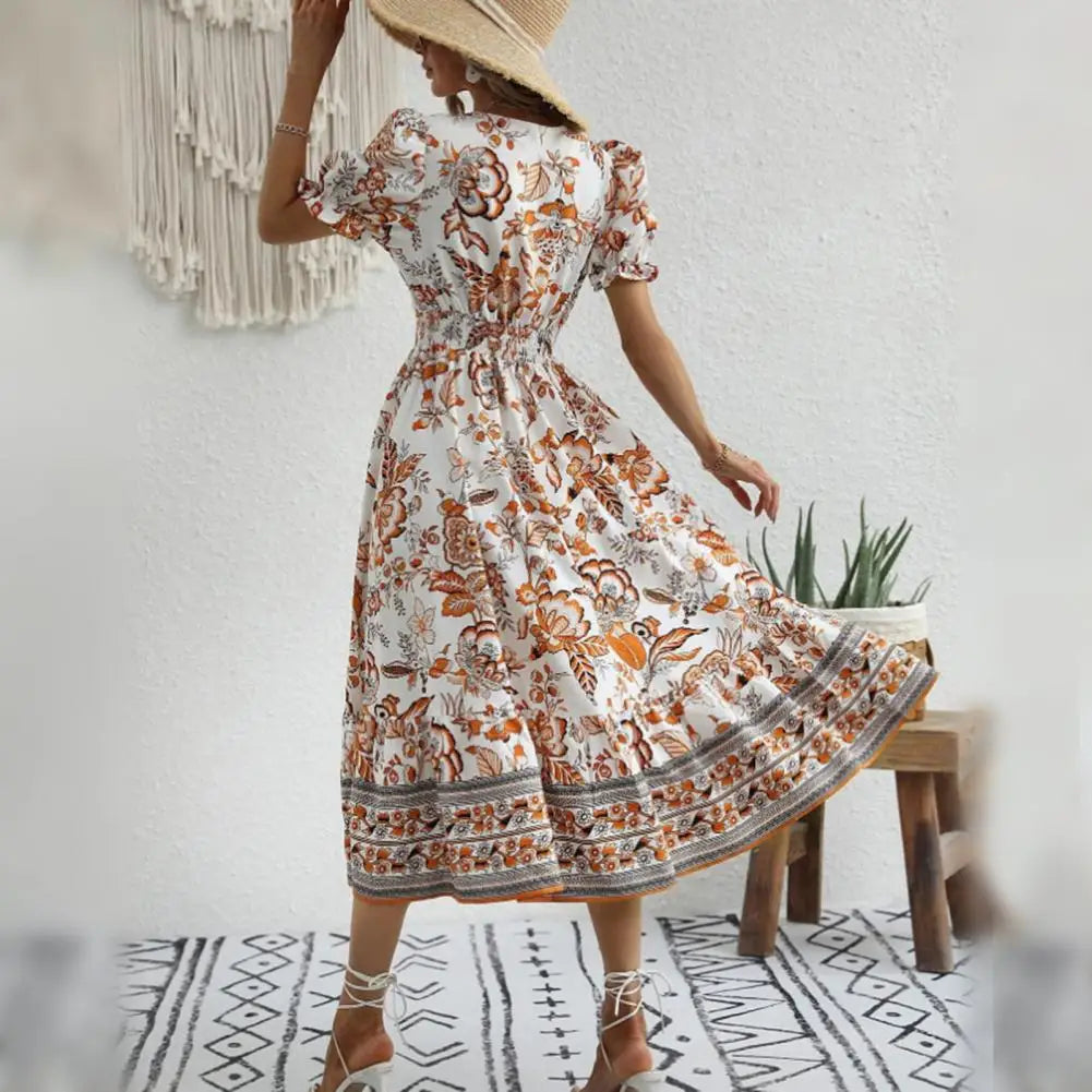 Dam Blomklänning A-linje V-hals Polyester med Puffärmar-3