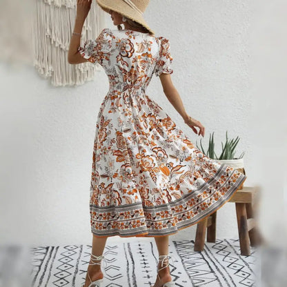 Dam Blomklänning A-linje V-hals Polyester med Puffärmar-3