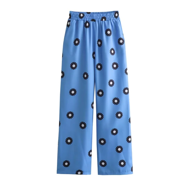 Dam Casual Set Tryckt Skjorta Bredbenade Byxor 100% Bomull-6