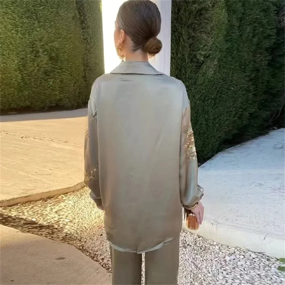 Kvinnors Träningsdräkt Blommönster Loose Fit Satin-4