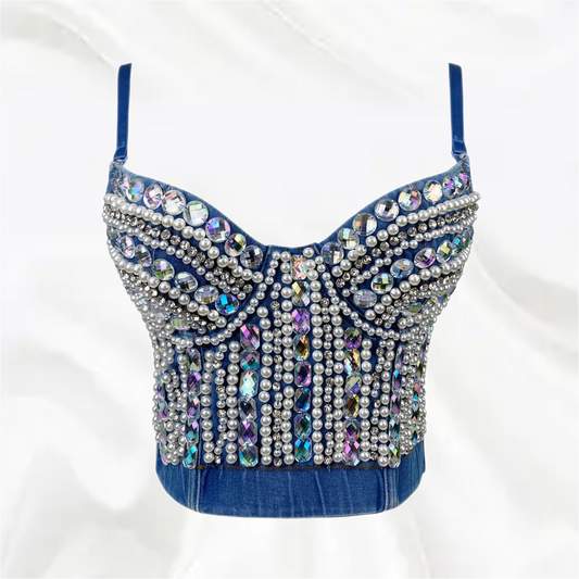 Dam Festtopp Glittrig Paljett Denim Crop Top-1