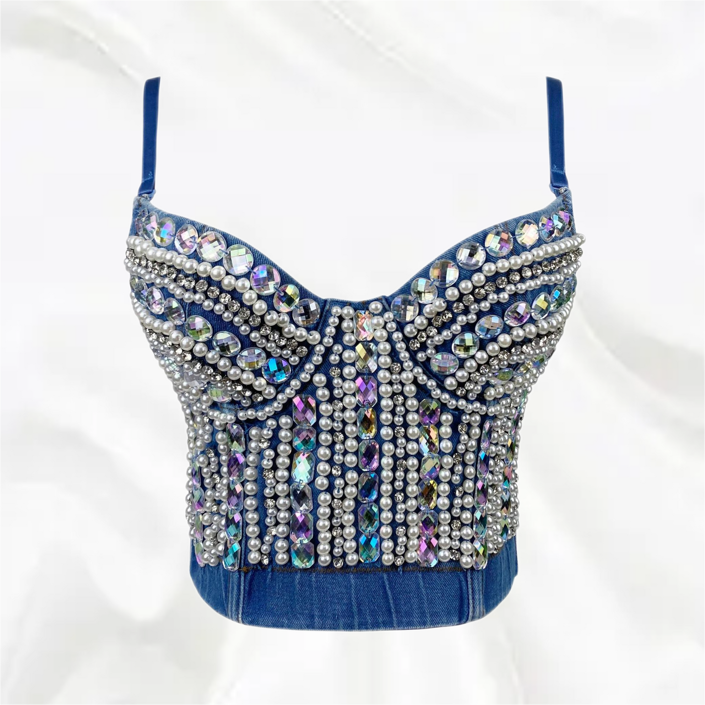 Dam Festtopp Glittrig Paljett Denim Crop Top-1