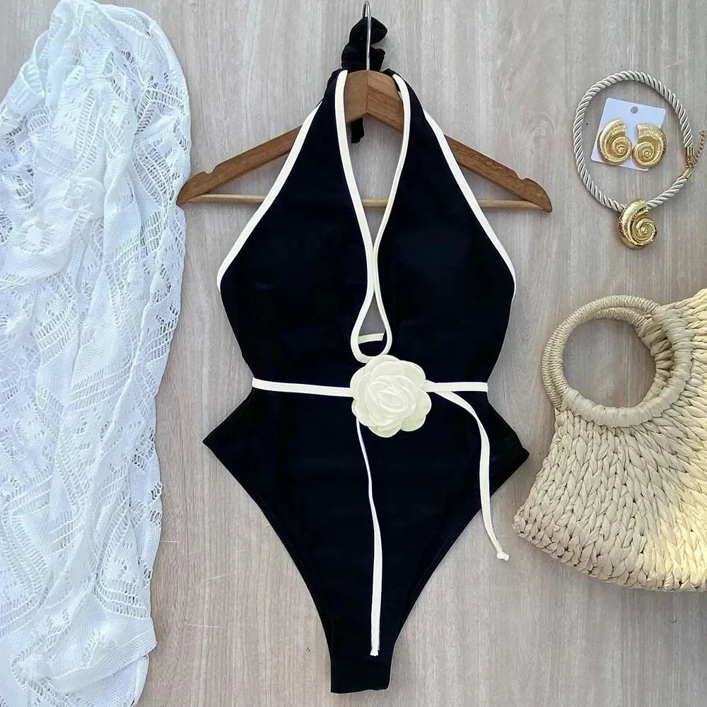 Baddräkt Dam Blommig Design med Vit Kant Nylon Spandex-2