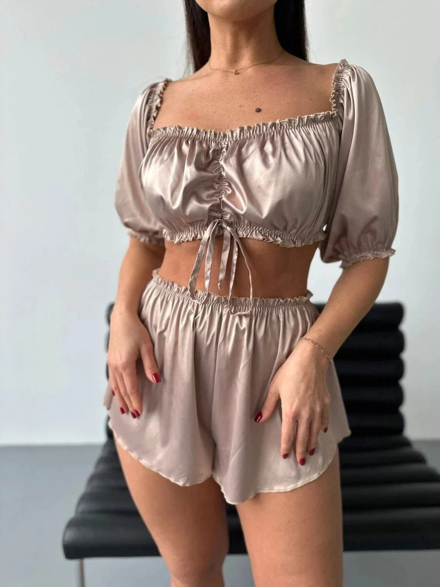 Dam Pyjamas Set Kortärmad Polyester med Shorts för Avkoppling-5