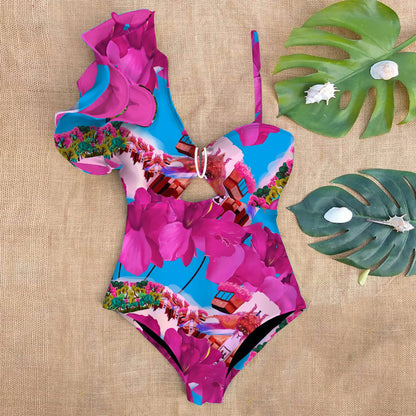 Variant image for Baddräkt Dam En Bit Blommönster med Ruffles Elastan Nylon Polyester-2