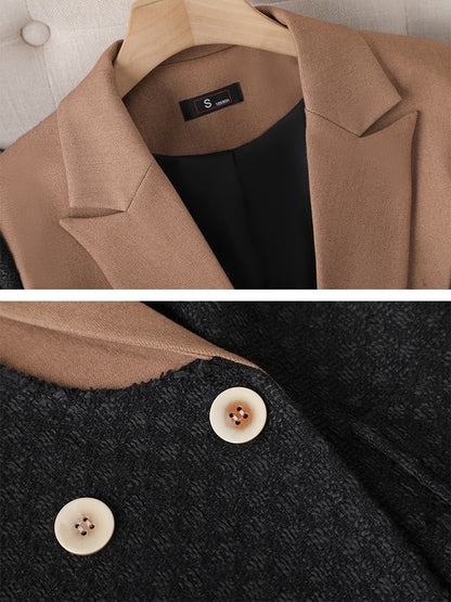 Dam Blazer med Vändkrage i Syntetfiber, Elegant Patchwork Design, Tidlös Full Längd-2