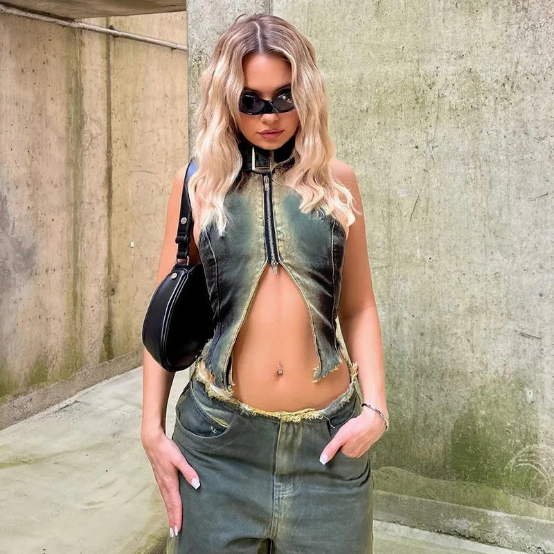 Dam Crop Vest Batikdesign Elastisk Denim-2