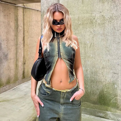 Dam Crop Vest Batikdesign Elastisk Denim-2